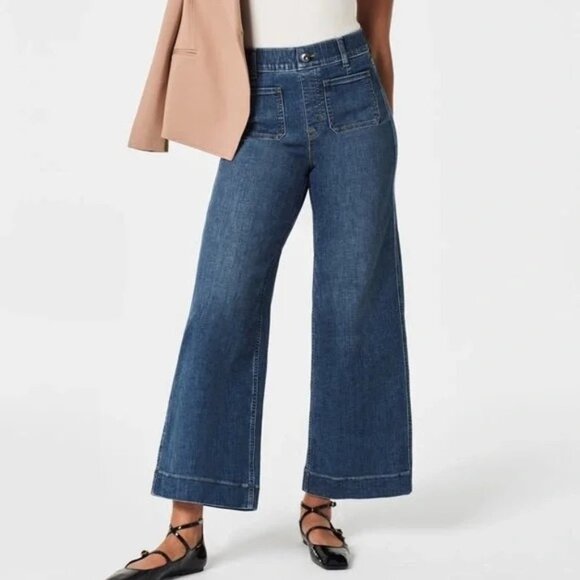 SPANX Denim - Spanx Every Wear Cropped Wide Leg Denim Jeans With Patch Pockets Size Large